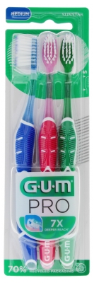 GUM PRO Zahnbürste Medium Trio Pack - Farbe: Blau - Rosa - Grün