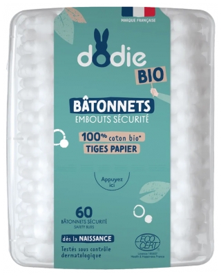 Dodie Bâtonnets Embouts Sécurité 100% Coton Bio 60 Bâtonnets