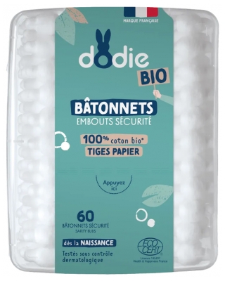 Dodie Sicherheitsstäbchen 100% Bio-Baumwolle Sicherheitsstäbchen Papier Stiel 60 Stäbchen