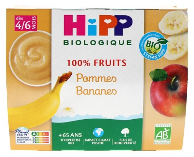 HiPP 100% Fruits Pommes Bananes dès 4/6 Mois Bio 4 Pots