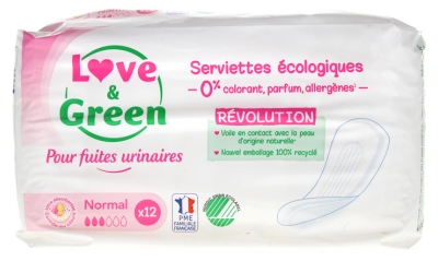 Love & Green pour Fuites Urinaires Serviettes Écologiques Normal 12 Serviettes