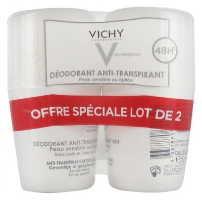 Vichy Deodorante Antitraspirante 48H per Pelle Sensibile o Cerata Roll-On 2 x 50 ml