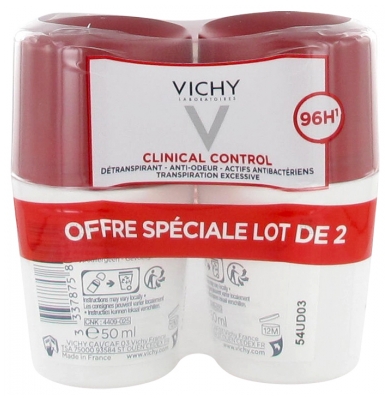 Vichy Déodorant 96H Clinical Control Détranspirant Anti-Odeur Roll-On Lot de 2 x 50 ml