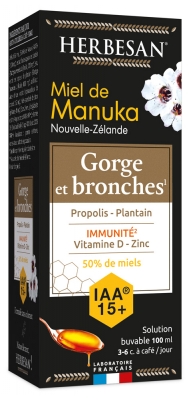 Herbesan Miel de Manuka Solution Buvable Gorges et Bronches IAA 15+ 100 ml