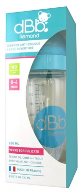 dBb Remond Biberon Anti-Colique Large Ouverture en Verre 0-4 Mois 240 ml - Couleur : Bleu