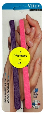 Vitry 12 Wooden Backed Nail Files 17cm including 6 Free Files - Colour: Purple and Pink