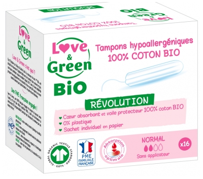 Love & Green Tampones de Algodón 100% Ecológico 16 Tampones Normales sin Aplicador