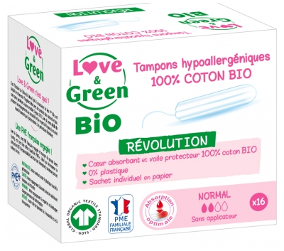 Love & Green Tampons Hypoallergéniques 100% Coton Bio 16 Tampons Normal sans Applicateur