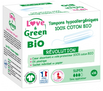 Love & Green Hypoalergenní tampony 100% BIO bavlna 16 Super tamponů bez aplikátoru