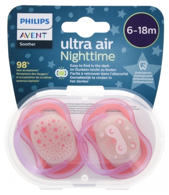 Avent 2 Soothers Ultra Air Night 6-18 Months - Colour: Pink