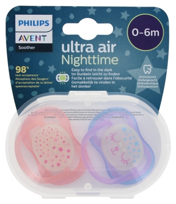 Avent Ultra Air Nighttime 2 Orthodontic Soothers 0-6 Months - Colour: Pink and purple