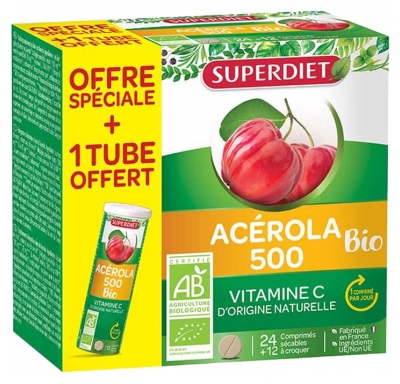 Superdiet Acérola 500 Bio 24 Comprimés + 12 Comprimés Offerts