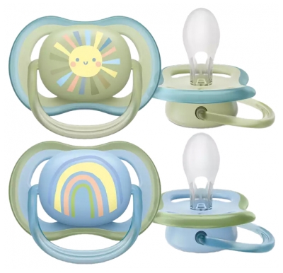 Avent Ultra Air 2 Orthodontic Silicone Soothers with Patterns 0-6 Months - Model: Sun and Rainbow