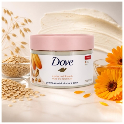 Dove Jemný tělový peeling s ovesnými vločkami a měsíčkovým olejem 298 g