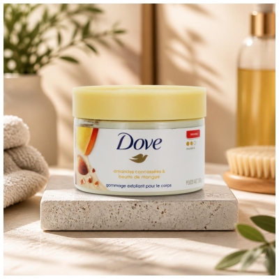 Dove Moderat Eksfolierende Kropspeeling Med Knuste Mandler og Mangosmør 298 g