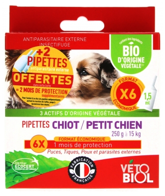 Vétobiol Pipettes Puppy Small Dog 250g to 15kg Organic 6 Pipettes + 2 Pipettes Offered