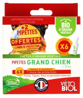 Vétobiol Pipettes Grand Chien + de 30 kg Bio 6 Pipettes + 2 Pipettes Offertes
