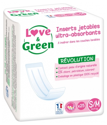 Love & Green Inserts Jetables Ultra-Absorbants pour Couches Lavables S/M 25 Inserts