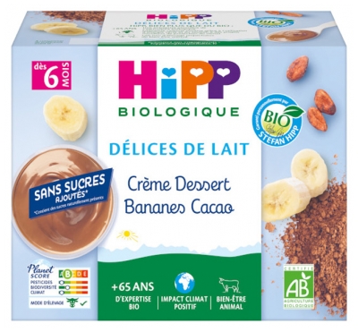 HiPP Délices de Lait Crème Dessert Bananes Cacao dès 6 Mois Bio 4 Pots