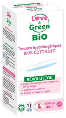 Love & Green Absorventes Internos Hipoalergénicos 100% Algodão Biológico 16 Absorventes Normais com Aplicador