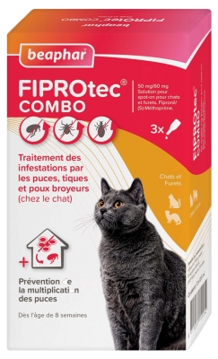 Beaphar Fiprotec Combo 50/60 mg Solution Spot-on Chats Furets 3 Pipettes de 0,50 ml