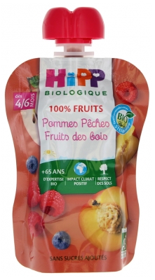 HiPP 100% Owoce Jabłko Brzoskwinia Owoce Leśne od 4/6 Miesiąca Ekologiczne 90 g