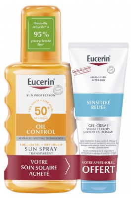 Eucerin Sun Protection Oil Control Sun Spray Transparent SPF50+ 200 ml + Sensitive Relief Gel-Crème Après-Soleil 50 ml Offert