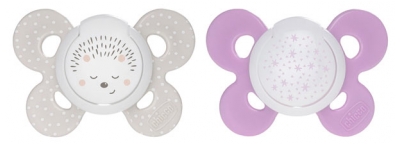 Chicco Physio Comfort Night 2 Silicone Soothers 16-36 Months - Model: Beige Hedgehog and Purple Stars