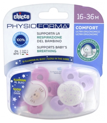 Chicco Physio Comfort Night 2 Silicone Soothers 16-36 Months - Model: Pink Kitten and Pink Stars