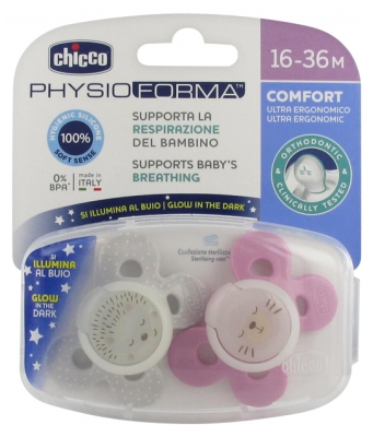 Chicco Physio Comfort Night 2 Silicone Soothers 16-36 Months - Model: Hedgehog and Pink Kitten