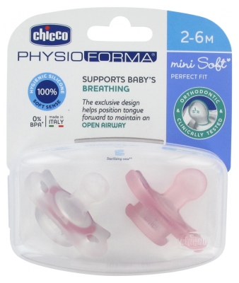 Chicco Physio Forma Mini Soft 2 Succhietti in Silicone 2-6 Mesi - Colore: Trasparente e rosa
