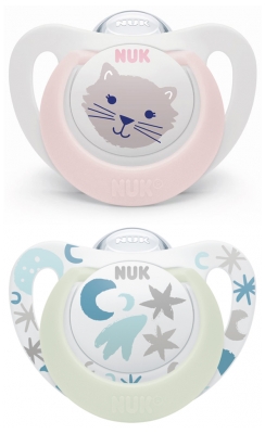 NUK Starlight Day & Night 2 Sucettes Silicone 0-6 Mois - Modèle : Chat/Nuit