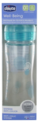 Chicco Well Being Bottle Glass Bottle 240ml Slow Flow 0 Months and Over - Colour: Blue