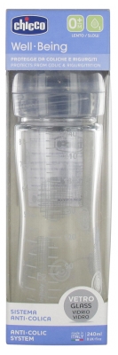 Chicco Bottiglia di Vetro Well Being 240 ml a Flusso Lento da 0 Mesi in su - Colore: Grigio