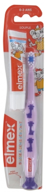Elmex Brosse à Dents Souple Débutant 0-3 Ans + Mini-Dentifrice Anti-Caries 0-6 Ans 12 ml - Couleur : Violet