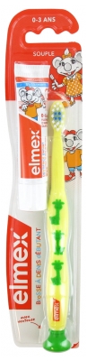 Elmex Brosse à Dents Souple Débutant 0-3 Ans + Mini-Dentifrice Anti-Caries 0-6 Ans 12 ml - Couleur : Jaune