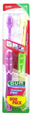 GUM Technique Pro Duo Pack 2 Brosses à Dents Souple 1525 - Couleur : Violet - Vert