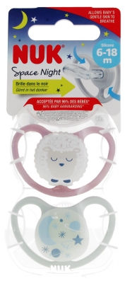NUK Space Night 2 Silicone Soothers 6-18 Months - Colour: Violet/Grey