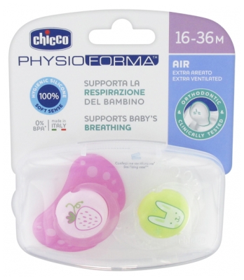 Chicco Physio Forma Air 2 Sucettes Silicone 16-36 Mois - Modèle : Fraise Rose et Lapin Vert
