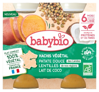 Babybio Hachis Végétal Patate Douce Lentilles Lait de Coco 6 Mois et + Bio 2 Pots de 200 g