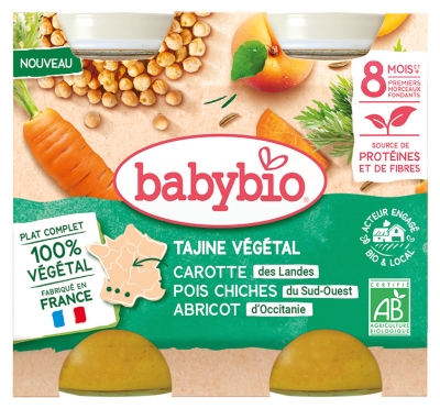Babybio Tajine Végétal Carotte Pois Chiches Abricot 8 Mois et + Bio 2 Pots de 200 g
