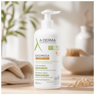 A-DERMA Exomega Control Emolientinis Pieno Losjonas Nuo Niežėjimo Eco-Suprojektuotas Butelis 400 ml