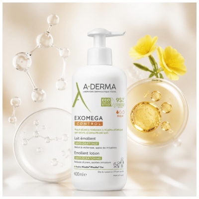 A-DERMA Exomega Control Emolientinis Pieno Losjonas Nuo Niežėjimo Eco-Suprojektuotas Butelis 400 ml