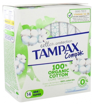 Tampax Compak Cotton Protection Super 100% Organic Cotton 14 Tampons