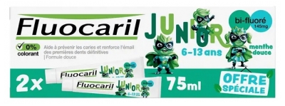 Fluocaril Junior Tandpasta 6-13 År Mild Mynte Pakke med 2 x 75 ml