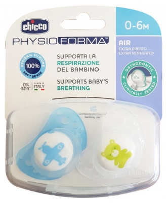 Chicco Physio Forma Air 2 Sucettes Silicone 0-6 Mois - Modèle : Avion Bleu et Ourson Vert