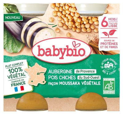 Babybio Munakoiso Kikherneet Moussaka-tyyliin Kasvis 6 kk+ Luomu 2 x 200 g purkkia