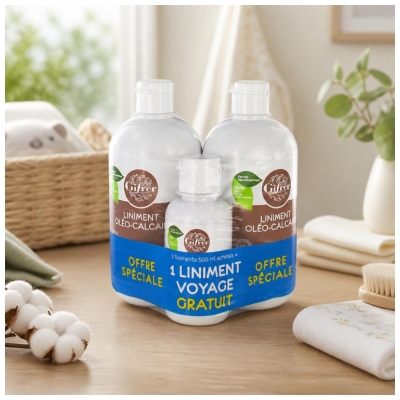 Gifrer Liniment Oléo-calcaire Stabilisé Lot de 2 x 500 ml + 1 Liniment Voyage 100 ml Offert