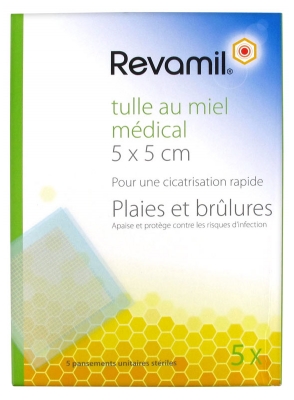 Revamil Tulle au Miel Médical 5 Pansements Unitaires Stériles 5 x 5 cm