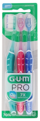 GUM PRO Brosse à Dents Souple Trio Pack - Couleur : Vert d'Eau - Rose - Bleu